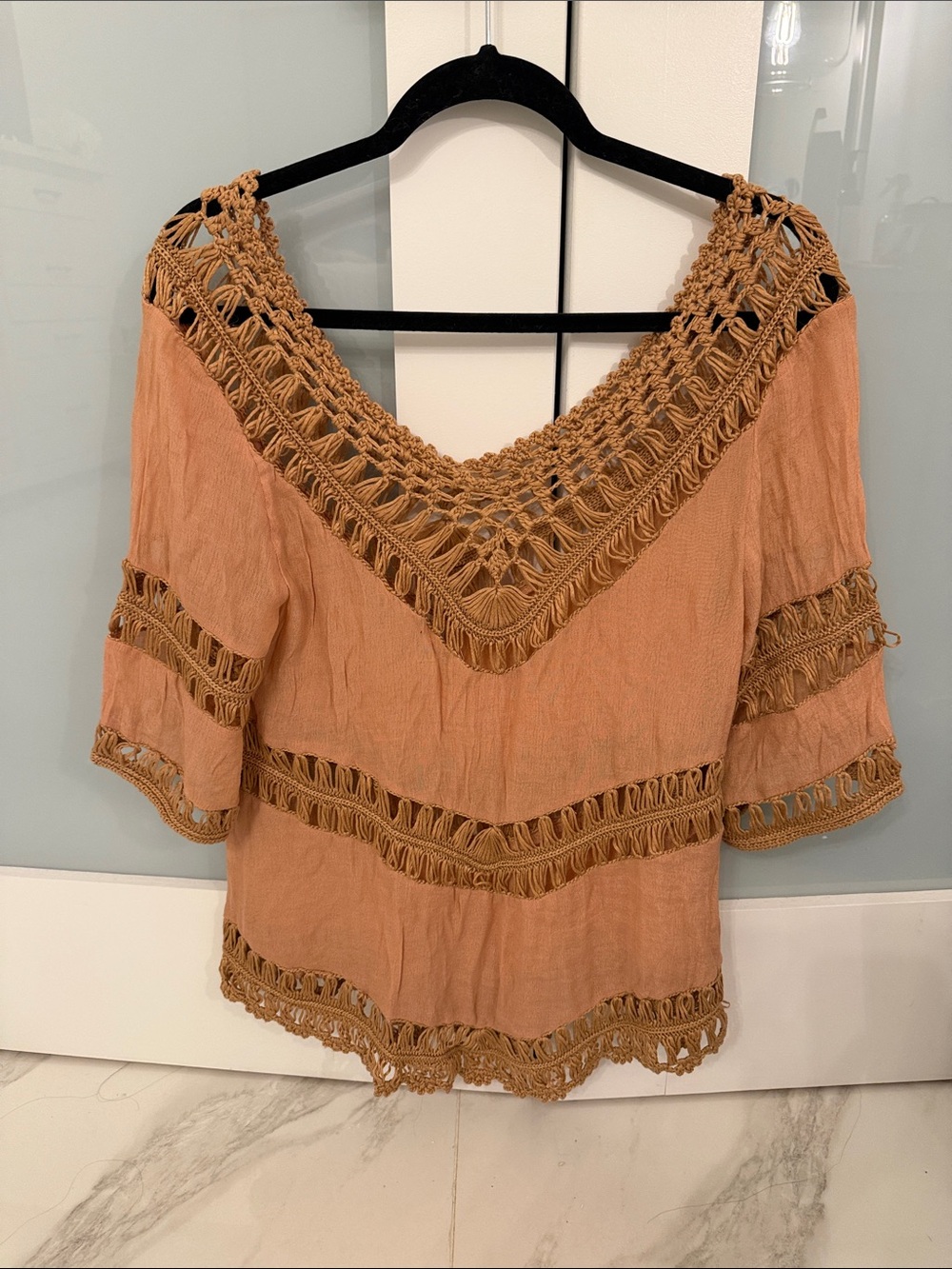 Forever 21 Peach Crochet-Trim Off-Shoulder Tunic Top